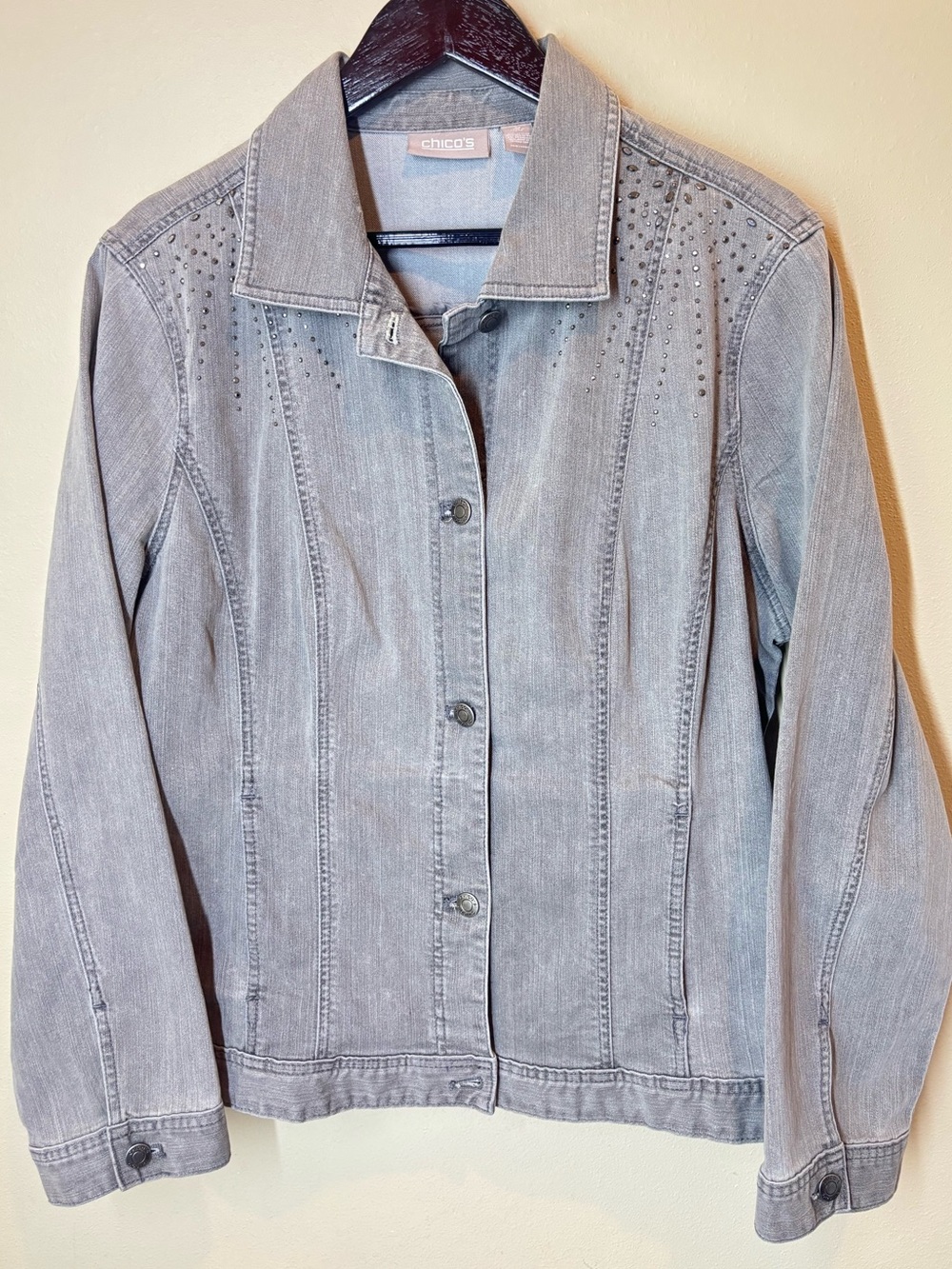 Chico's Women's Light Gray Denim Jacket with Stud Detail, XL, Chico’s 3